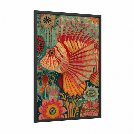 Crimson Lionfish framed art print — black wood frame — red and teal palette