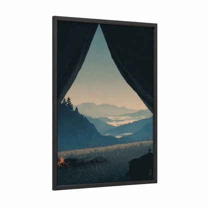 Mountain Campfire View framed camping print — black wood frame — blue and gold and dark blue palette