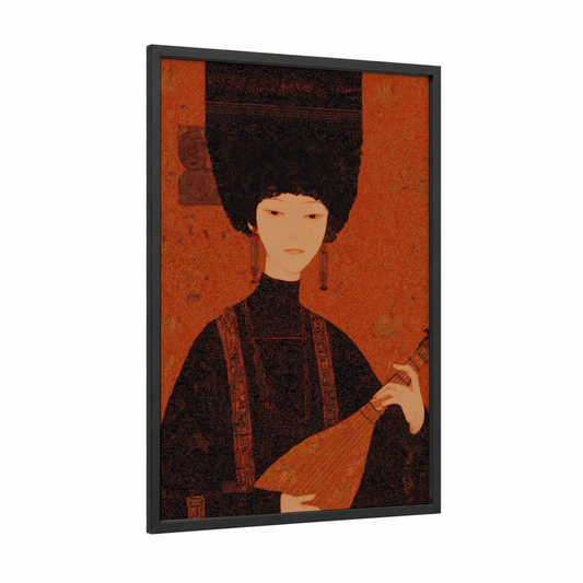 Crimson Musician framed art print — black wood frame — russet and black palette