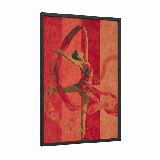 Crimson Ballet Leap framed fitness yoga print — black wood frame — red and orange palette