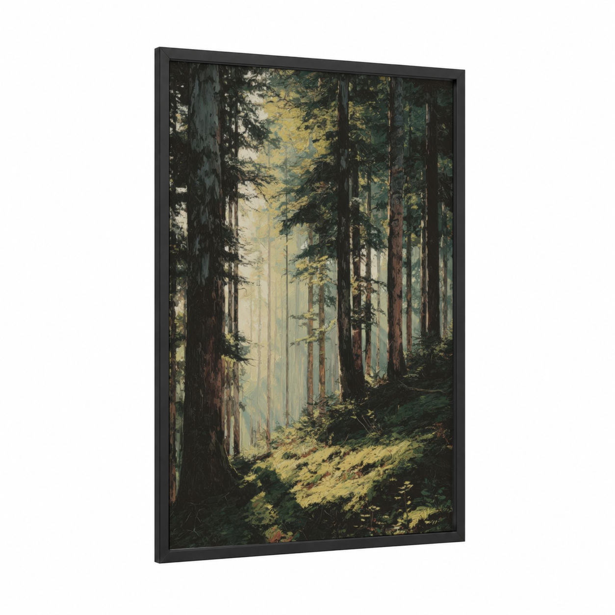 Golden Cedar Forest framed art print — black wood frame — gold and dark green palette