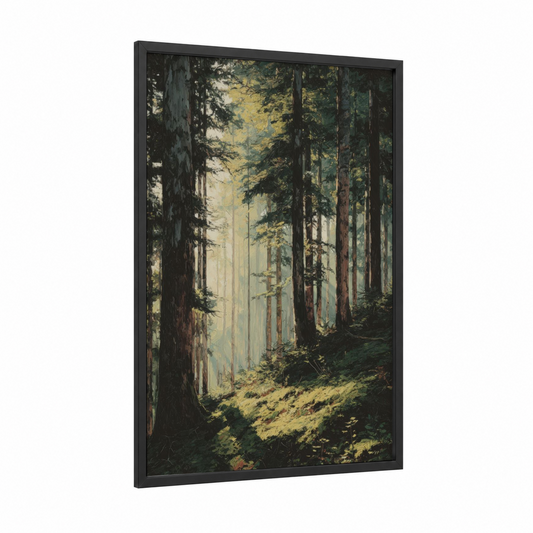 Golden Cedar Forest framed art print — black wood frame — gold and dark green palette