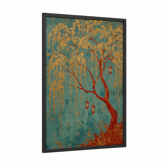 Crimson Willow Garden framed willow tree print — black wood frame — teal and gold palette