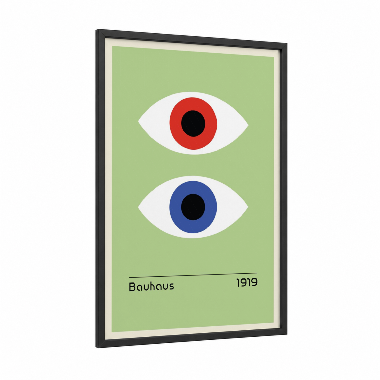 Dual Vision framed abstract geometric print — black wood frame — light green and red palette