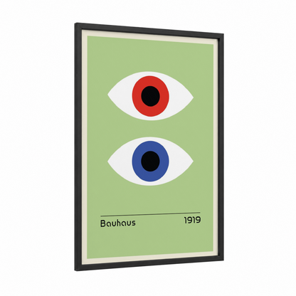 Dual Vision framed abstract geometric print — black wood frame — light green and red palette