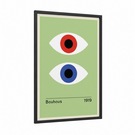Dual Vision framed abstract geometric print — black wood frame — light green and red palette