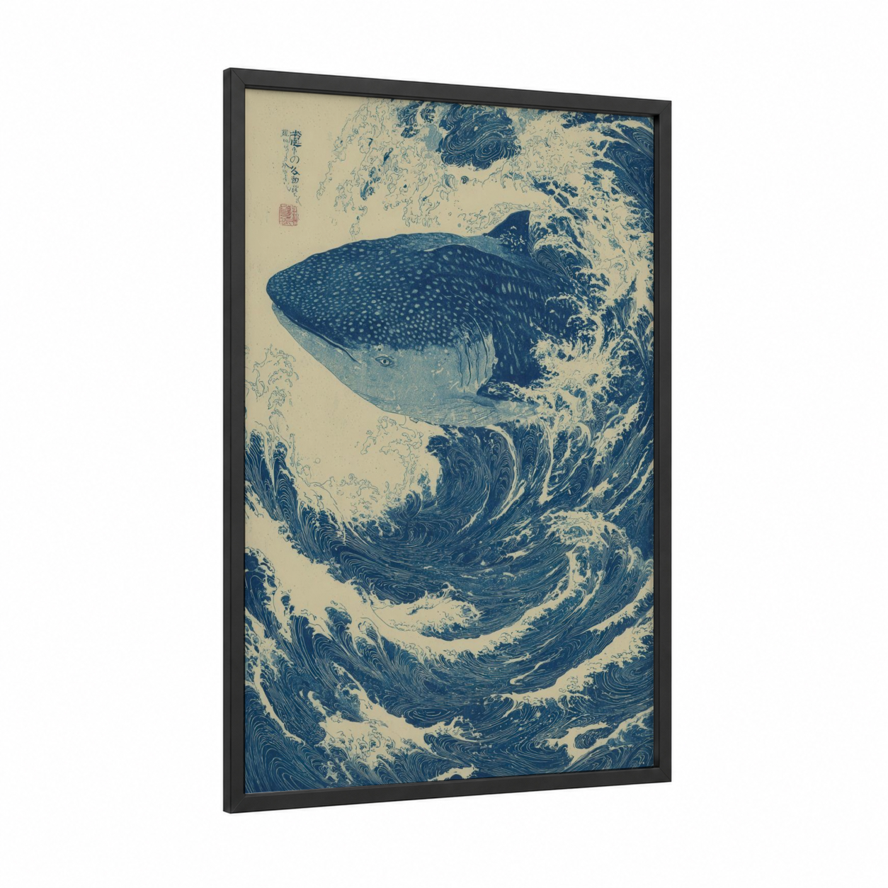 Whale Shark Wave framed art print — black wood frame — blue and white and cream palette
