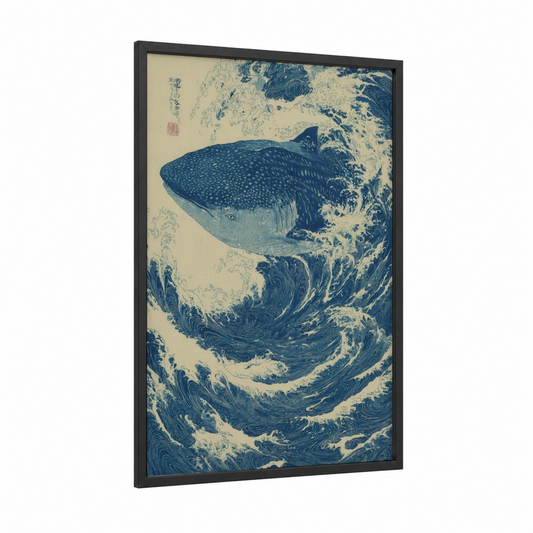 Whale Shark Wave framed art print — black wood frame — blue and white and cream palette