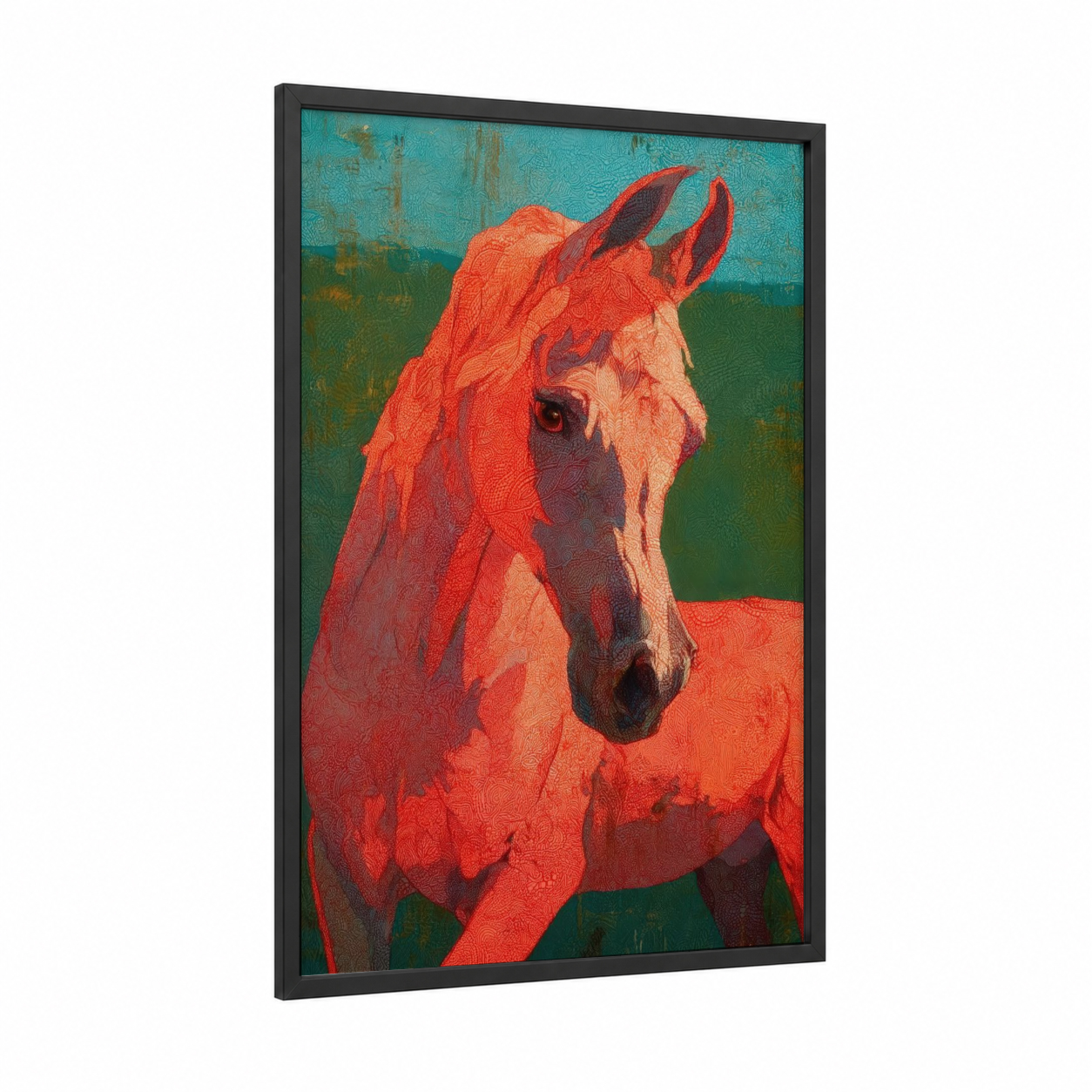 Scarlet Arabian framed arabian horse print — black wood frame — red and teal palette