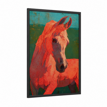 Scarlet Arabian framed arabian horse print — black wood frame — red and teal palette