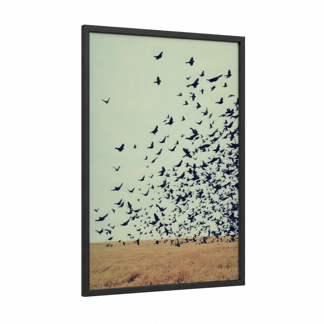 Thrush Exodus framed art print — black wood frame — light green and gold palette