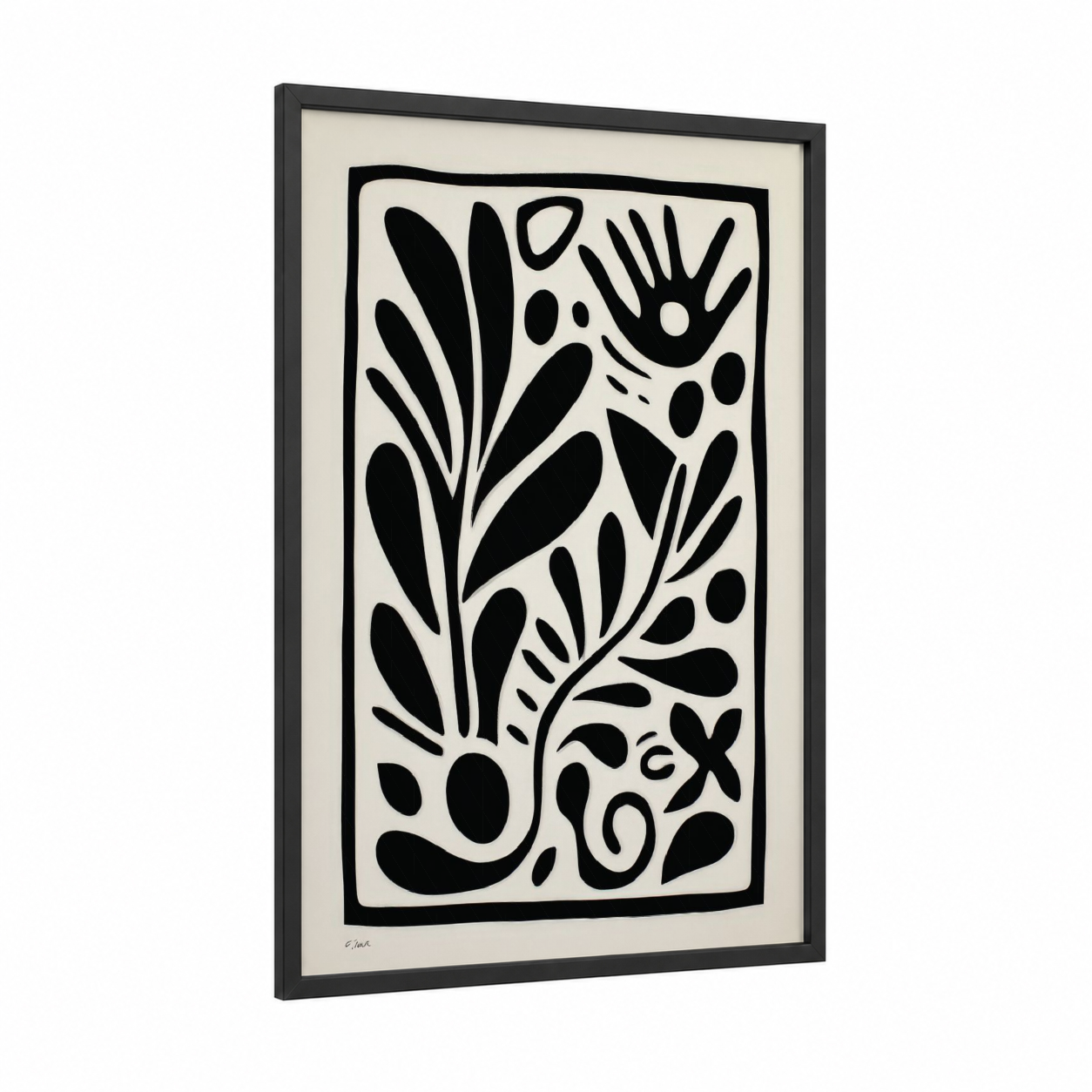 Botanical Gesture framed abstract flower print — black wood frame — black and white palette
