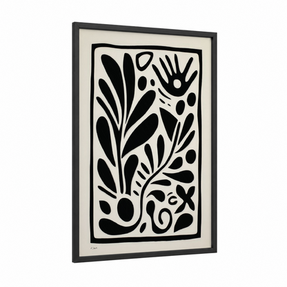 Botanical Gesture framed abstract flower print — black wood frame — black and white palette