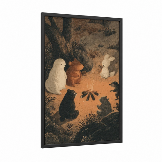 Woodland Campfire framed fairytale print — black wood frame — brown and cream palette
