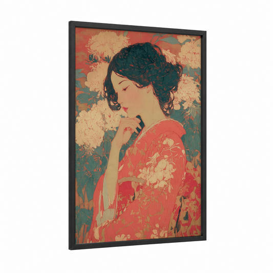 Crimson Elegance Woman framed retro fashion print — black wood frame — red and teal palette