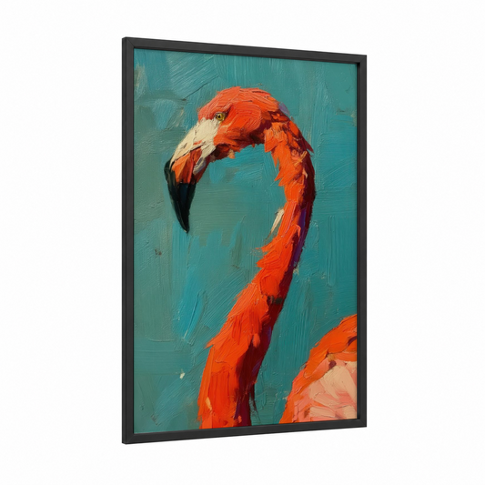 Crimson Flamingo Portrait framed art print — black wood frame — red and teal palette