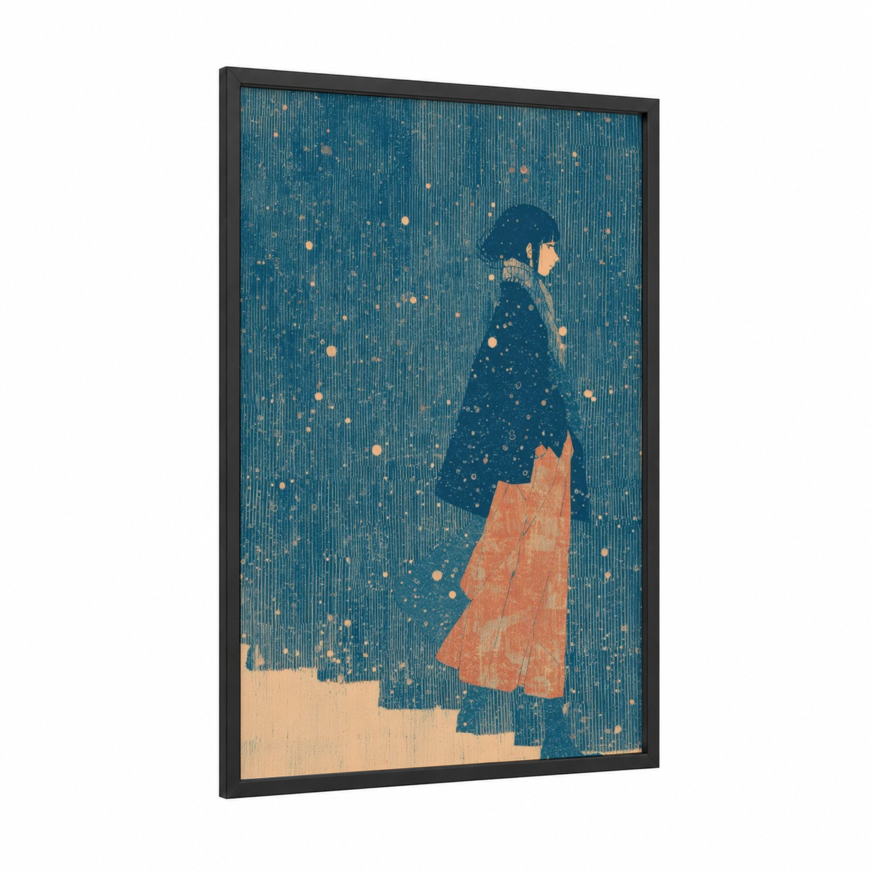 Snowy Evening Silhouette framed fashion illustration print — black wood frame — teal and peach palette