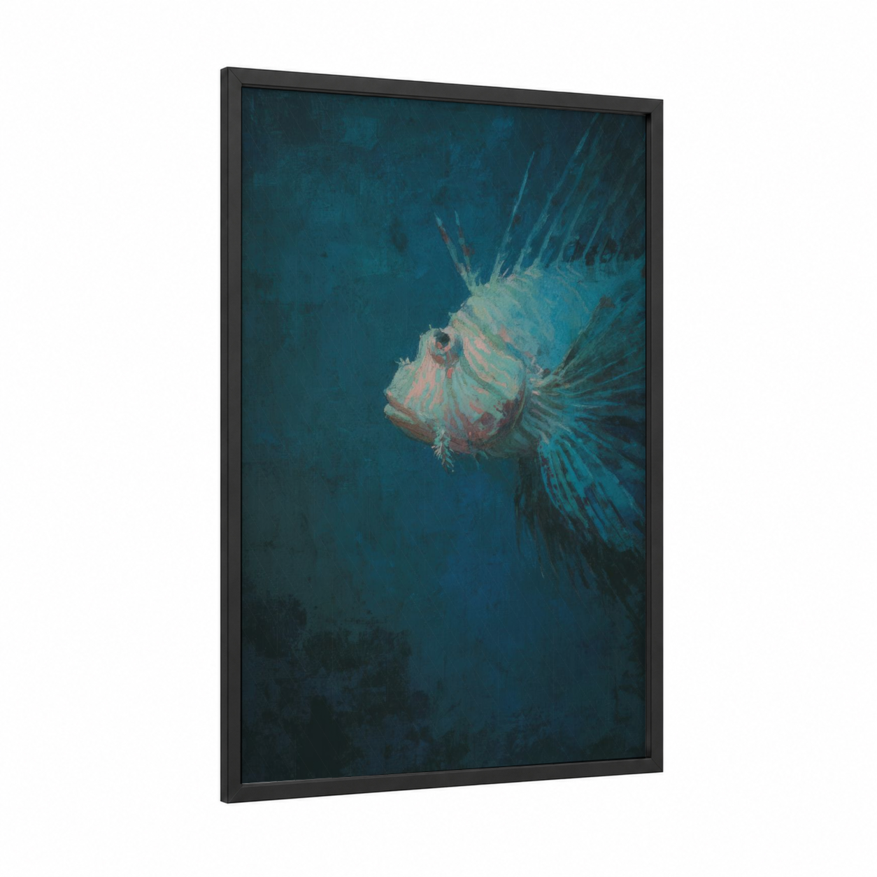 Striped Lionfish framed art print — black wood frame — dark blue and teal palette