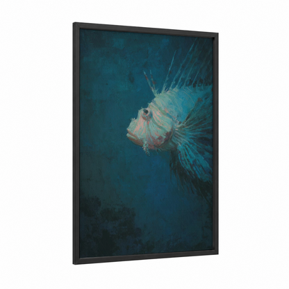 Striped Lionfish framed art print — black wood frame — dark blue and teal palette