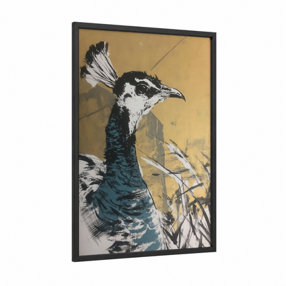 Golden Ostrich framed art print — black wood frame — gold and teal palette