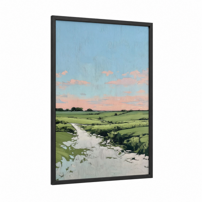 Pastoral River Valley framed various landscapes print — black wood frame — light green and blue and gold palette