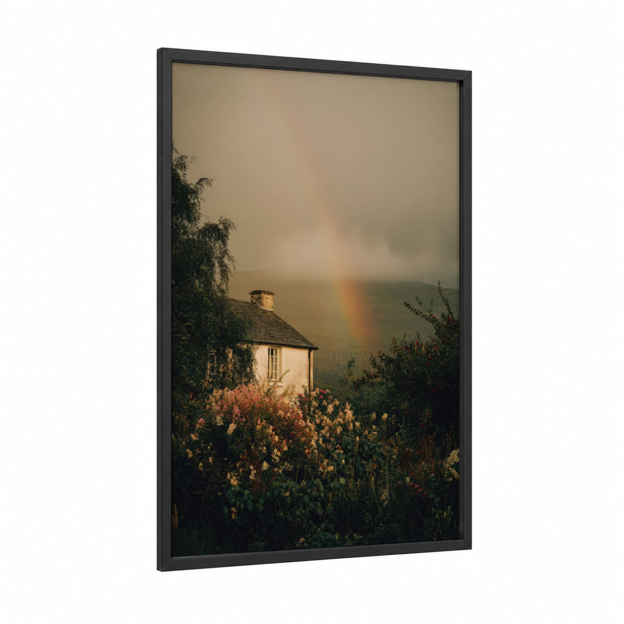Rainbow Cottage Mist framed art print — black wood frame — gold and sage green palette