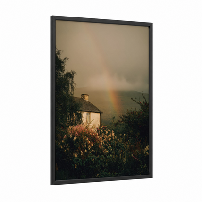 Rainbow Cottage Mist framed art print — black wood frame — gold and sage green palette