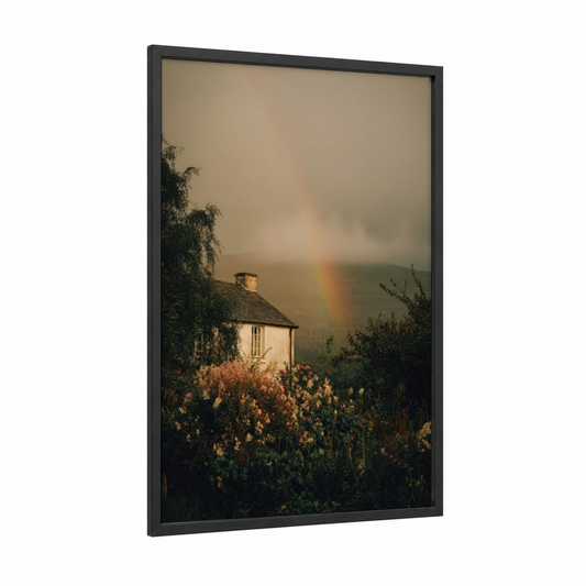 Rainbow Cottage Mist framed art print — black wood frame — gold and sage green palette