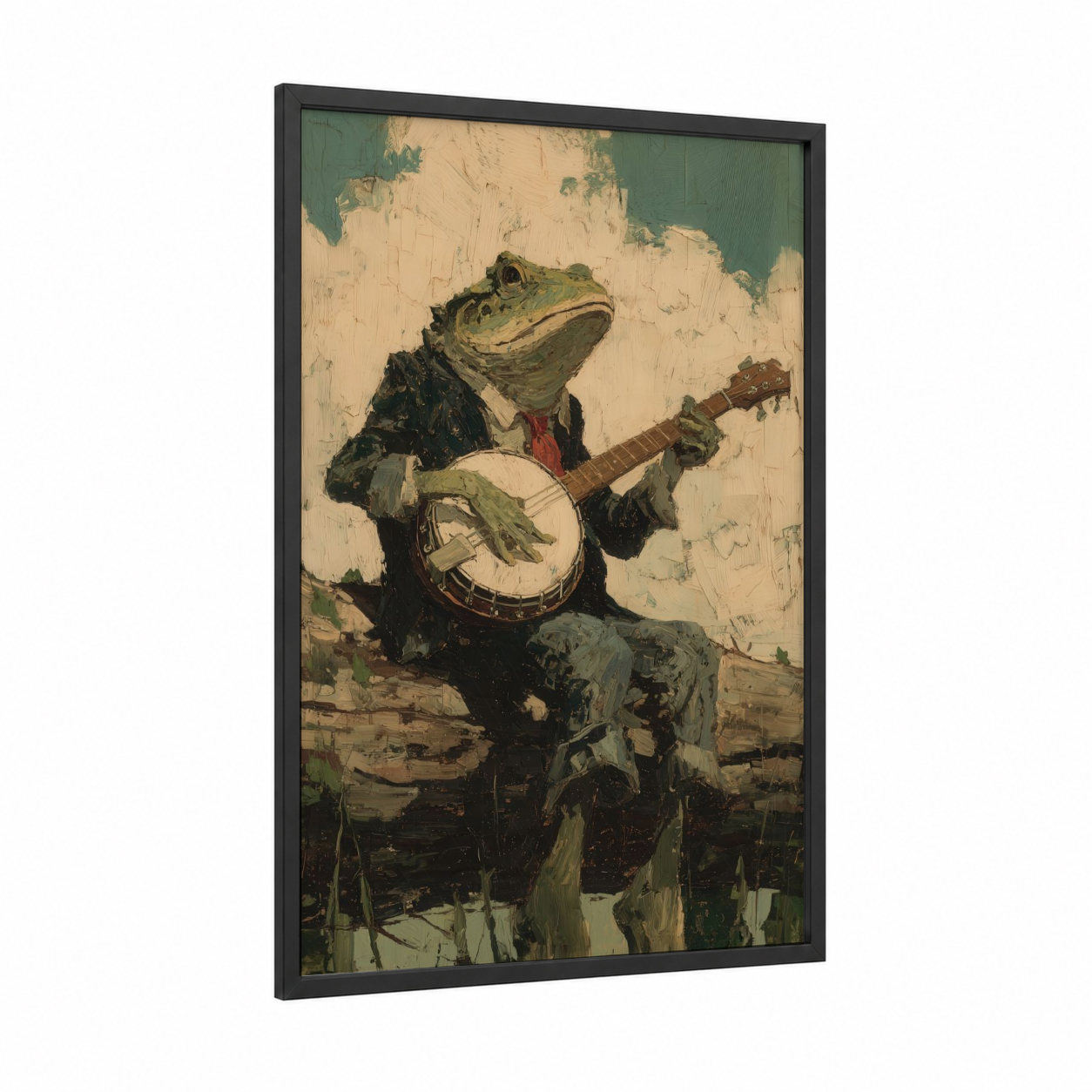 Banjo Bass Musician framed art print — black wood frame — sage green and cream palette