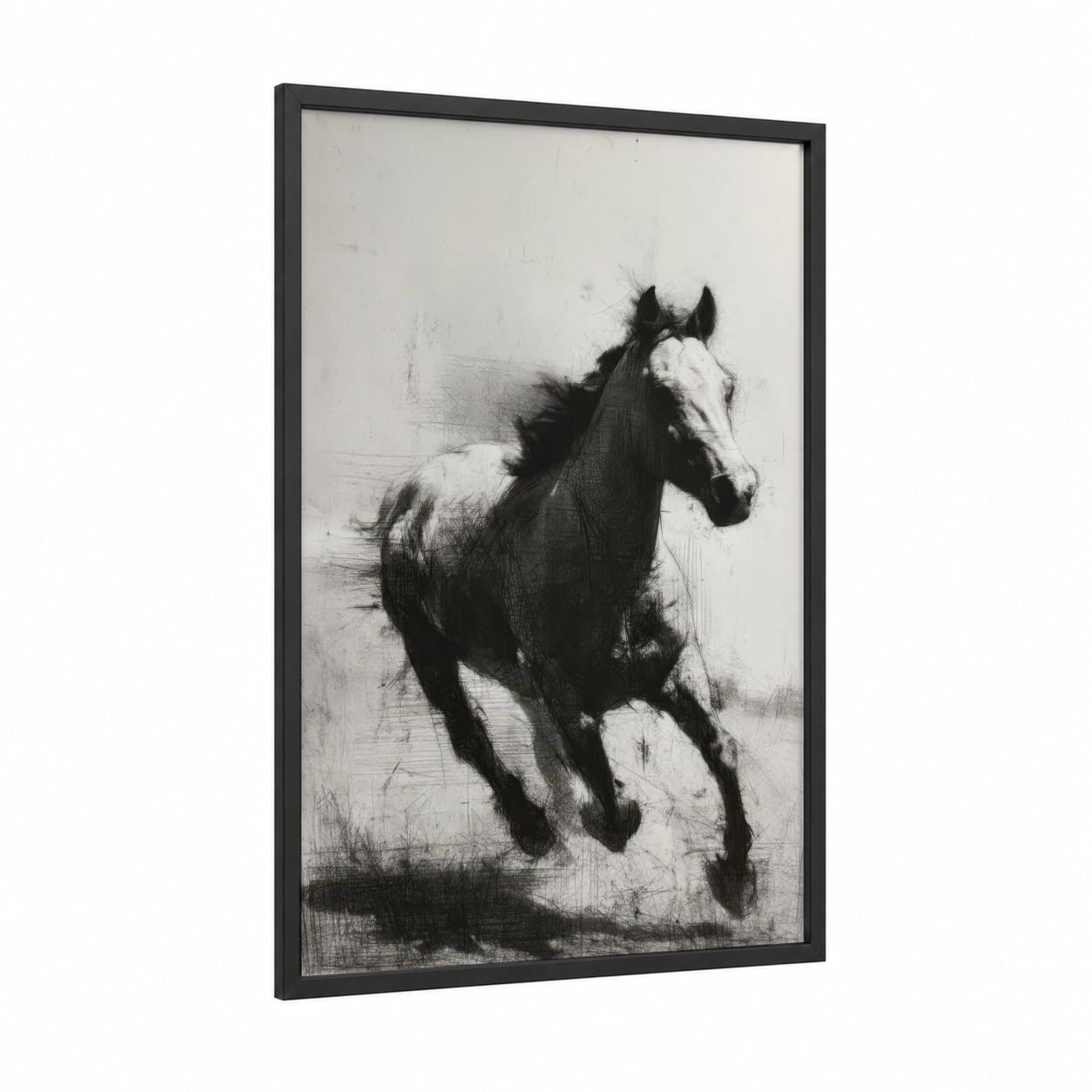 Galloping Quarter Horse framed art print — black wood frame — black and white palette