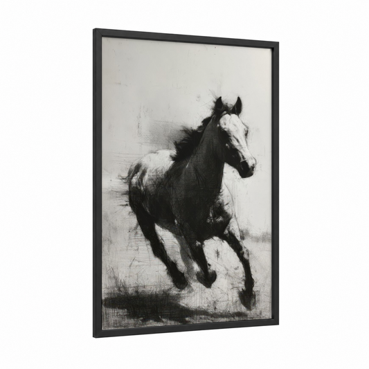 Galloping Quarter Horse framed art print — black wood frame — black and white palette