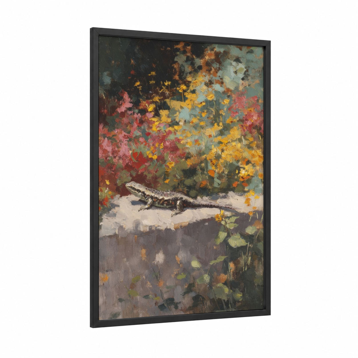 Garden Lizard framed art print — black wood frame — gold and salmon pink palette