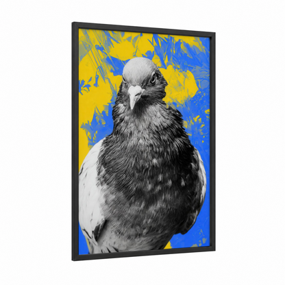 Bold Pigeon Portrait framed art print — black wood frame — blue and yellow gold palette