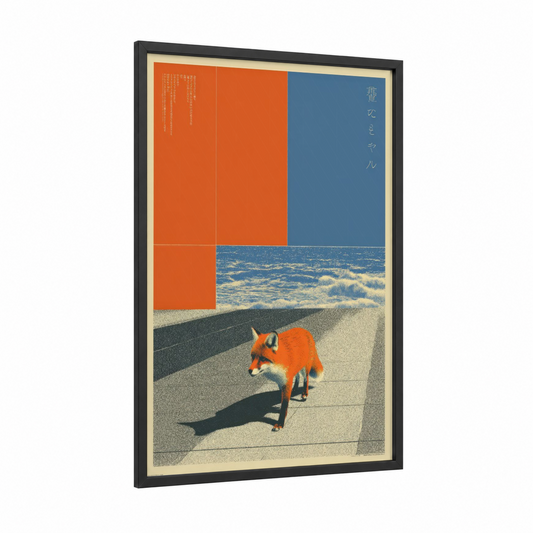 Sandy Fox Y2K framed japanese y2k print — black wood frame — orange and blue palette