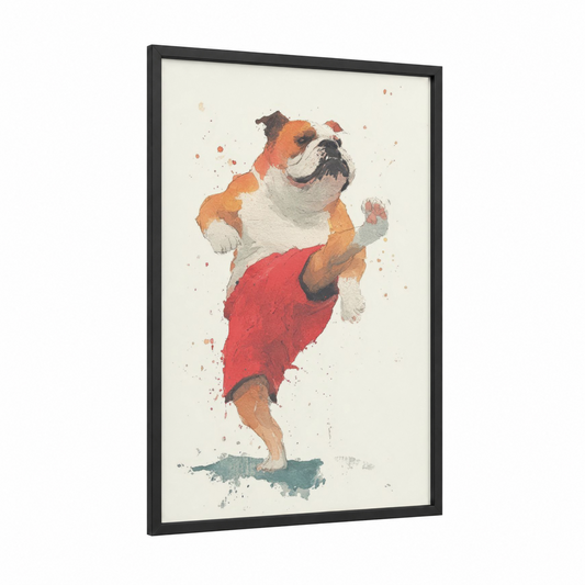 Champion Bulldog framed kick boxing print — black wood frame — red and orange palette