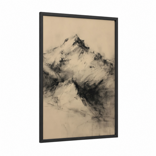 Misty Himalayas framed art print — black wood frame — black and white and cream palette
