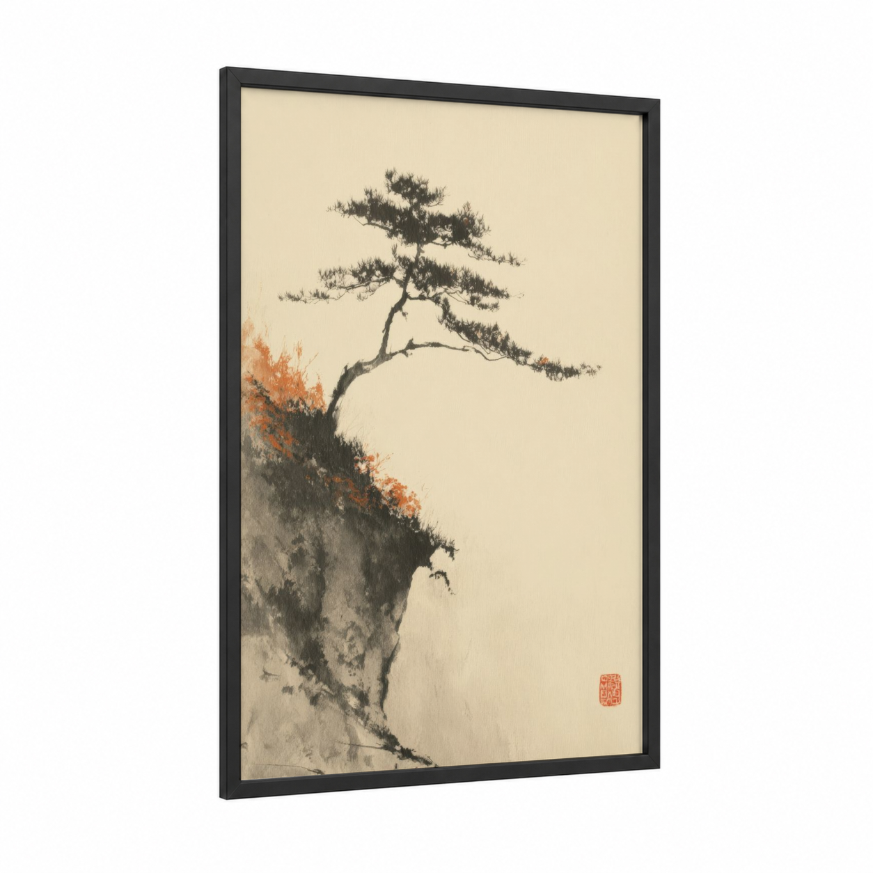 Clifftop Bonsai framed autumn print — black wood frame — cream and russet palette