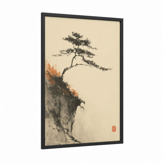 Clifftop Bonsai framed autumn print — black wood frame — cream and russet palette