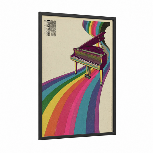 Rainbow Piano framed art print — black wood frame — gold and pink palette
