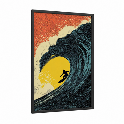Wave Rider Sunrise framed surfing print — black wood frame — yellow gold and blue palette