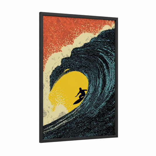 Wave Rider Sunrise framed surfing print — black wood frame — yellow gold and blue palette