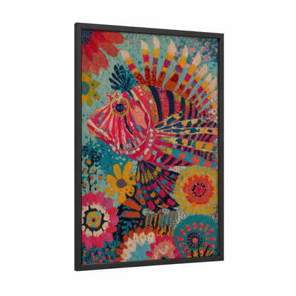 Vibrant Lionfish framed art print — black wood frame — magenta and gold palette