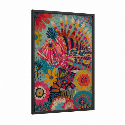 Vibrant Lionfish framed art print — black wood frame — magenta and gold palette