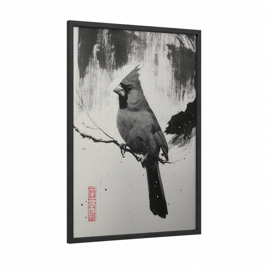 Cardinal Profile framed art print — black wood frame — black and white and gray palette