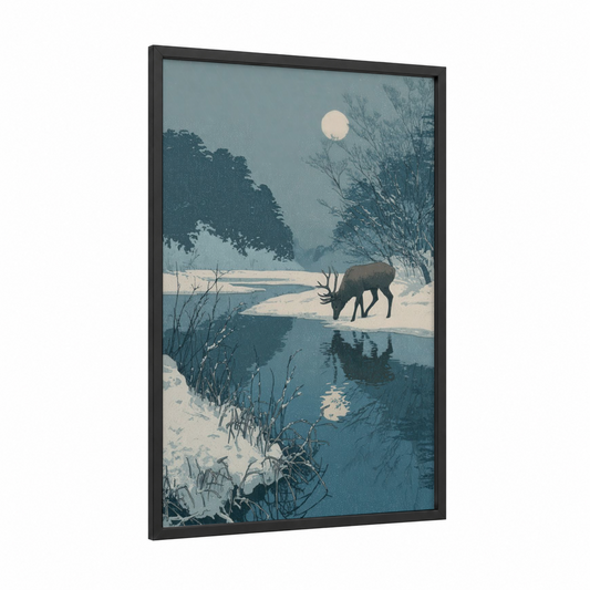 Snowy Elk Twilight framed art print — black wood frame — teal and blue palette