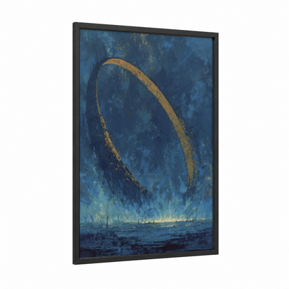 Cosmic Gateway framed sci-fi print — black wood frame — dark blue and gold palette