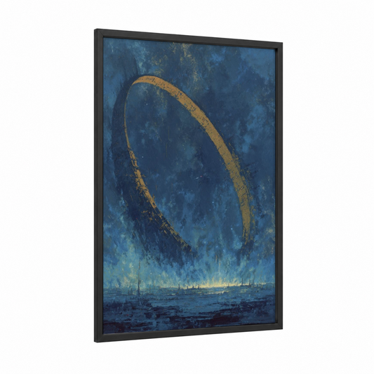Cosmic Gateway framed sci-fi print — black wood frame — dark blue and gold palette