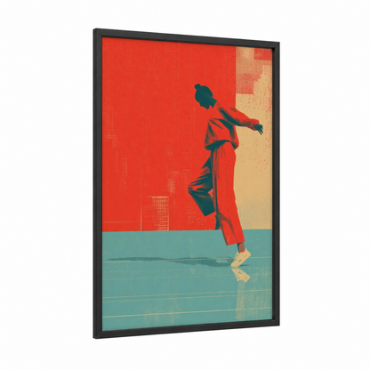 Urban Leap framed street dance print — black wood frame — red and teal palette