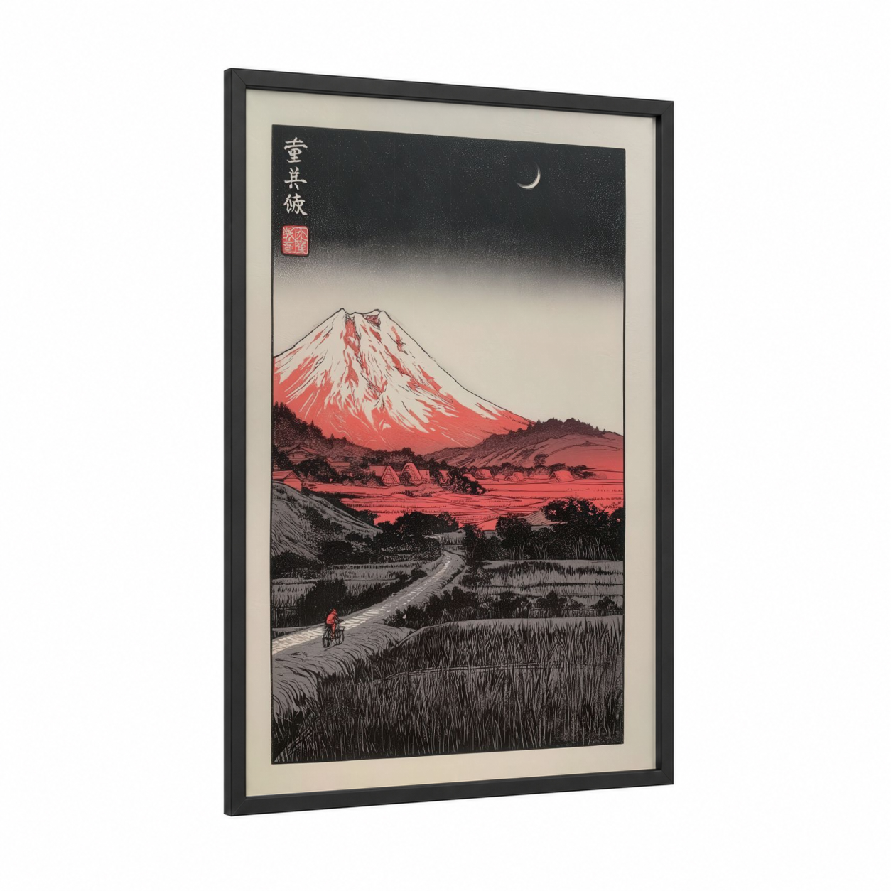 Crimson Mountain Dusk framed various landscapes print — black wood frame — black and white and red palette