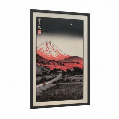 Crimson Mountain Dusk framed various landscapes print — black wood frame — black and white and red palette